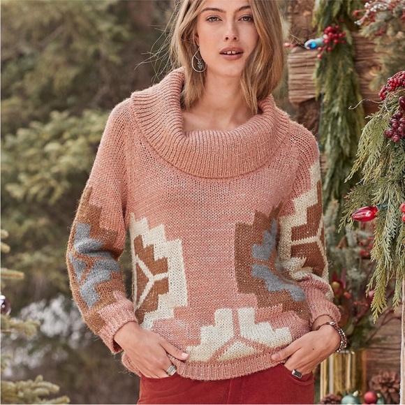 Sundance Oversized Knit Sweater Cowl Neck Sequins Dusty Rose Pink Aztec Print XS - Picture 1 of 13